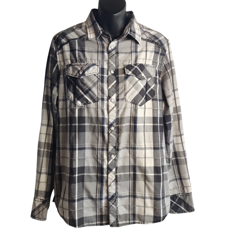 BKE Mens Black White Plaid Western Pearl Snap Button Up  Long Sleeve Shirt Sz S